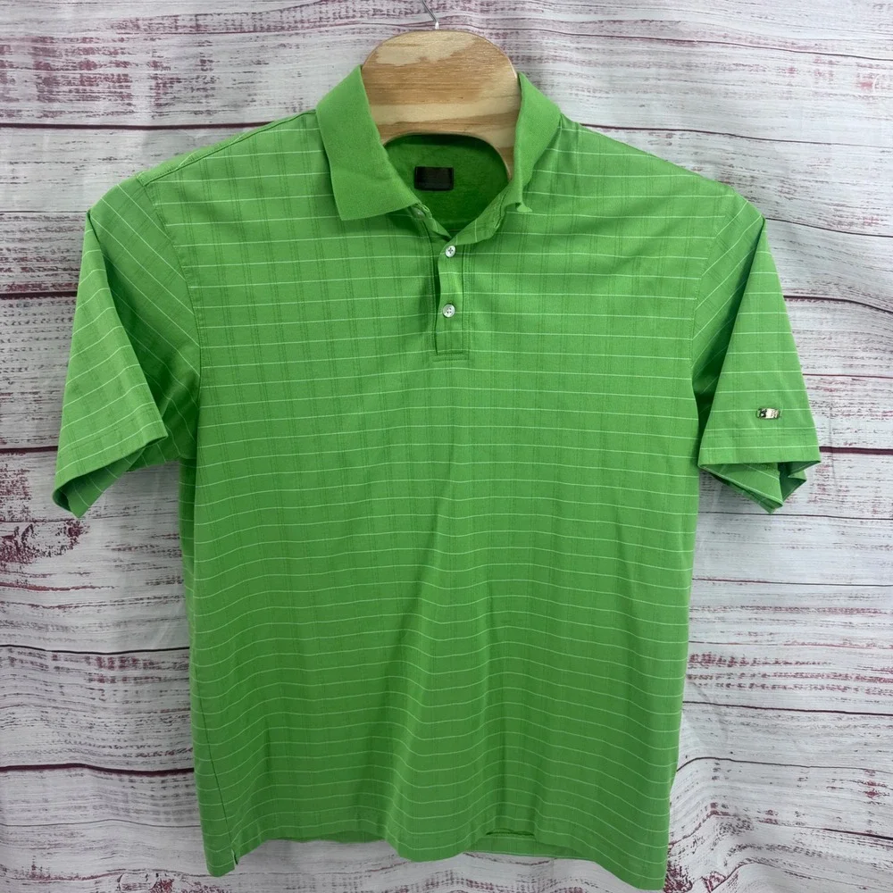 Nike Tiger Woods Golf Polo Shirt Mens Large Green Striped Short Sleeve TW Logo